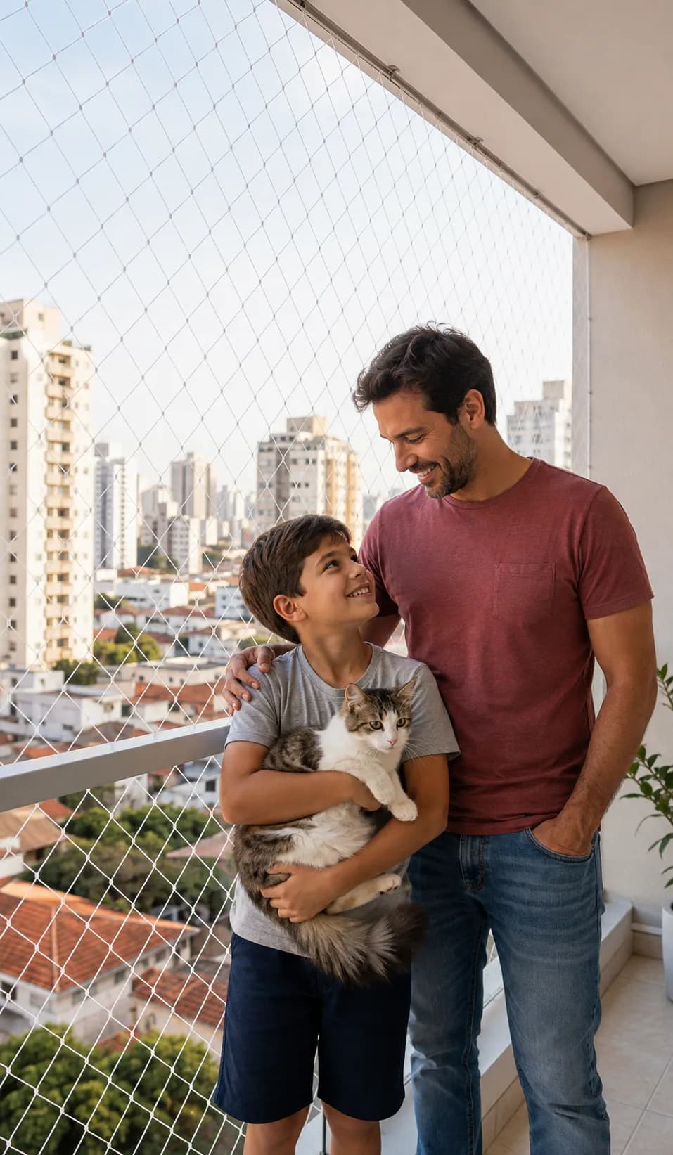 Pai e filho sorrindo, segurando o gato da família numa sacada protegida por rede da G&V